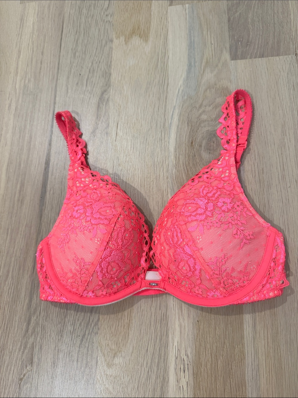 Victorias Secret Lace Underwire Push Up Bra - Neon Coral Pink - 32C